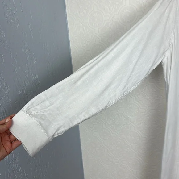 Trovata Birds of Paradis 100% Linen Tunic Dress Button Up Pockets White Shirt - Picture 5 of 11